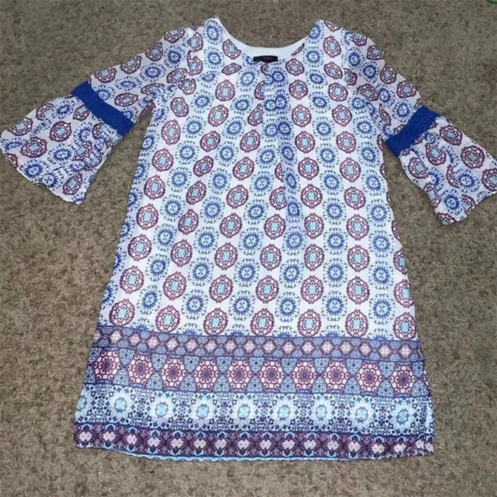 Iz Byer Girls' Geometric Print Shift Dress Bell Sleeves Size M Casual